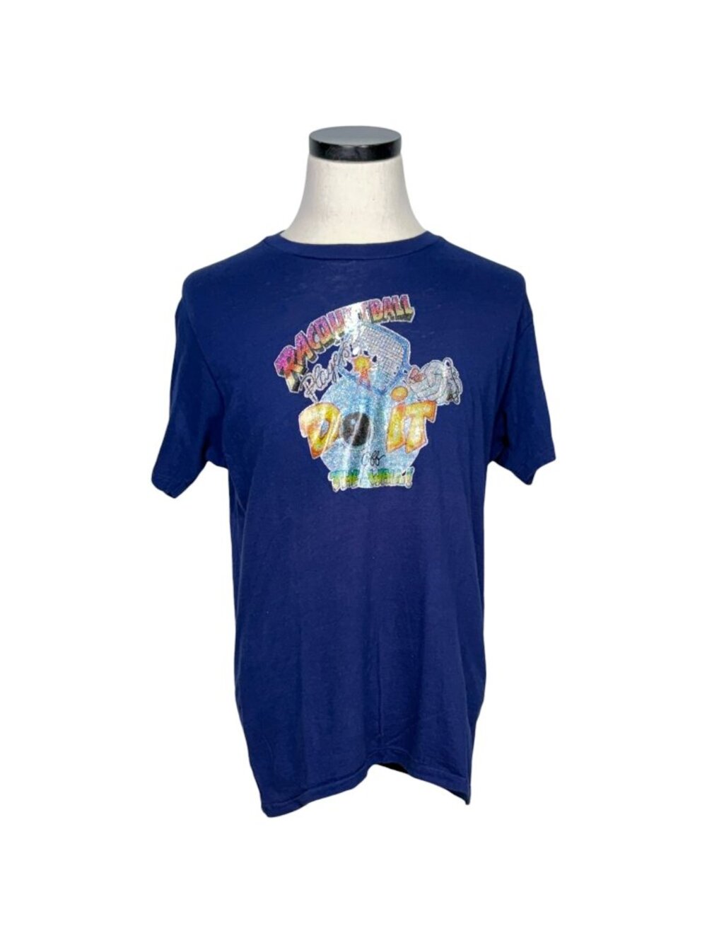 Vintage 70s Hanes Blue Graphic Tee Shirt Racquetball Print Single Stitched L